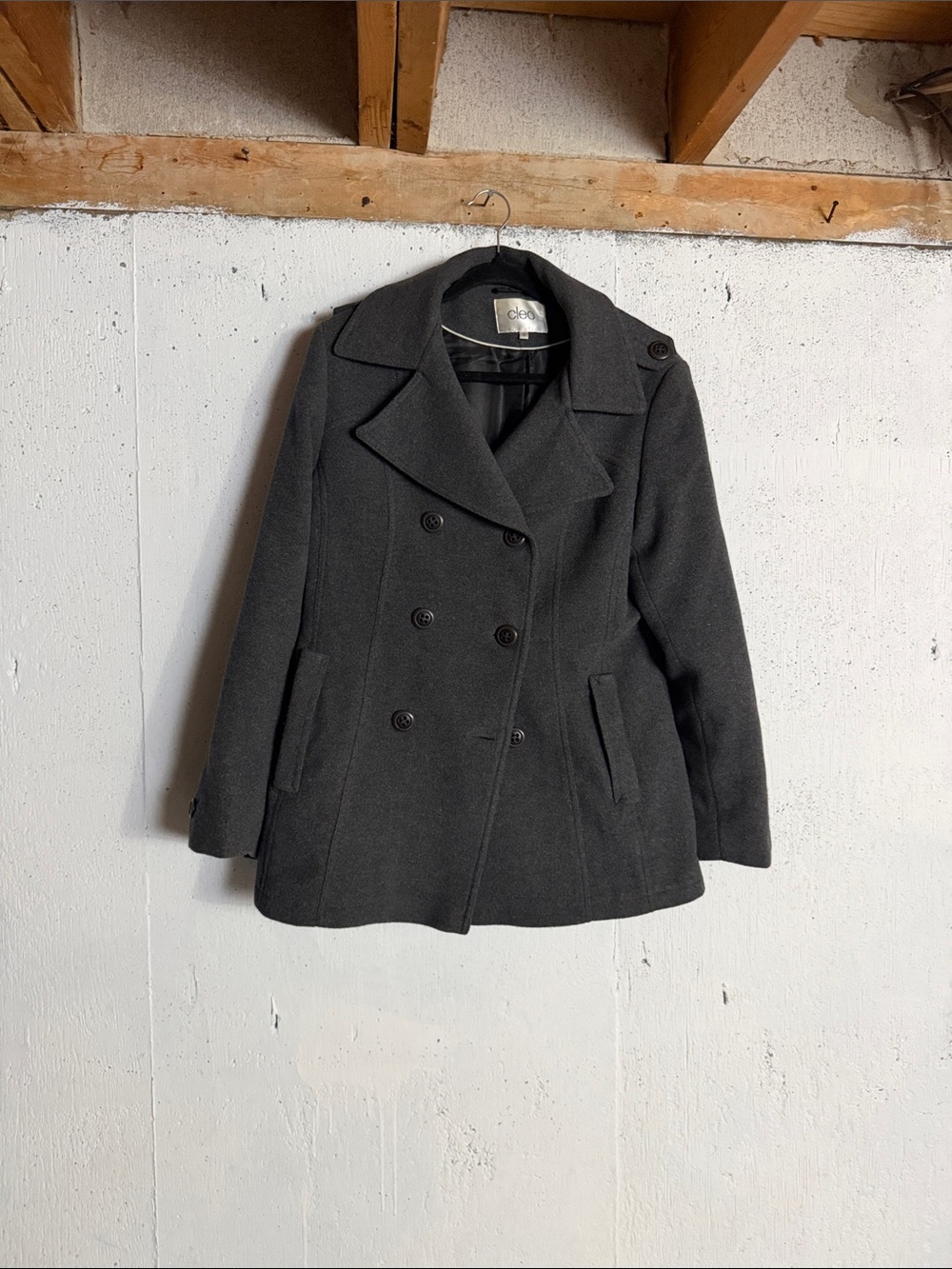 CLEO WOOL Gray Double-Breasted Pea Coat,12 - Picture 9 of 14